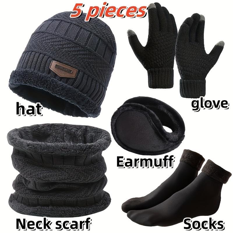 5 PCs Winter Warm Accessories Set-Unisex Knitted Hat, Scarf, Earmuffs, Gloves-Polyester, Hand Washable Only, Elastic Fit, Lightweight, Suitable for Autumn and Winter