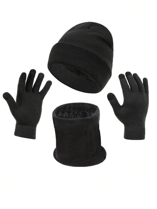 3pcs set Men's Solid Color Winter Thickened Warm Hat Scarf Glove Set, Outdoor