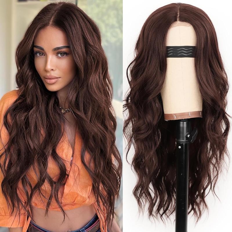 Nnzes Long Brown Wavy Wig Middle Part Curly Wigs Lace Hairline Wigs for Women Black To Brown Synthetic Heat Resistant Wigs for Daily Part Use