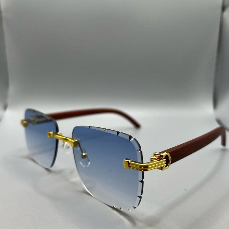 Diamond Cut Rimless Sunglasses Wood Grain Spring Colors UV 400 protection Lens All Season Shades