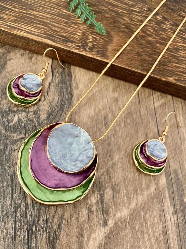 Boho Style Round Pendant Necklace & Dangle Earrings, Fashion Jewelry for Party, Daily Clothing Decor, Trendy All-match & Exquisite Jewelry for Birthday Gift