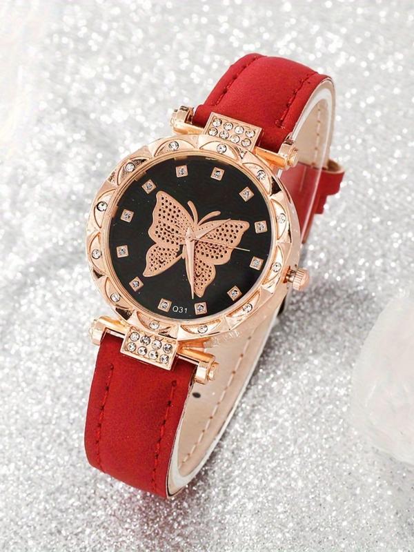 Women's Butterfly Watch & Jewelry Set, Including Rhinestone Decor Analog Quartz Watch & Flower Decor Bracelet & Necklace & Ring & Earrings, Fashion Watch Set for Women, without Box