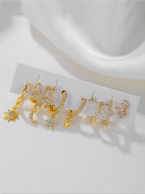 Sun & Star & Moon Design Earrings Set, Fashionable Rhinestone Decor Earrings for Women & Girls, Trendy All-match & Exquisite Jewelry for Birthday Gift