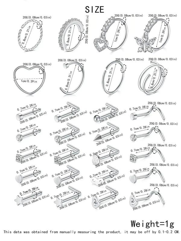 Punk Style Rhinestone Heart & Star Decorated Nose Studs, 28pcs set Versatile Stainless Steel Nose Rings Studs for Women & Men, Body Piercing Jewelry for Party, Daily Clothing Decor