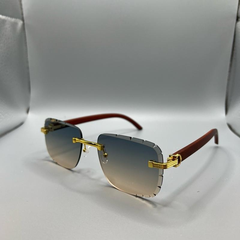 Diamond Cut Rimless Sunglasses Wood Grain Spring Colors UV 400 protection Lens All Season Shades