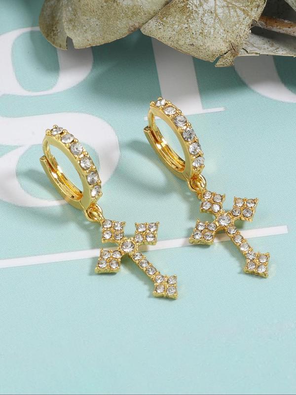 Women's Punk Style Rhinestones Decorated Cross Design Dangle Earrings, Casual Trendy Dangle Earrings, Fashionable Jewelry for Party & Daily Decoration