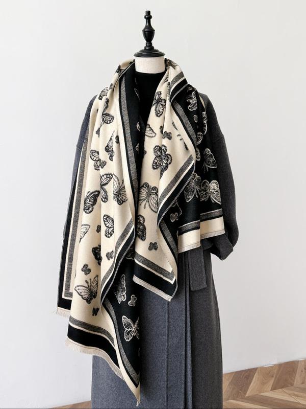 Women's Butterfly Print Two-sided Shawl, Casual Soft Warm Long Scarf for Fall & Winter, Fashion Accessories for Daily Wear