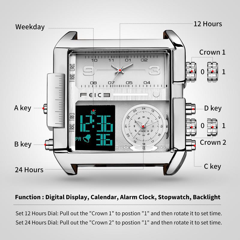 FEIKE Large dial square men's watches fashion multi-function versatile temperament luminous waterproof chronograph watches white silver luxury watches