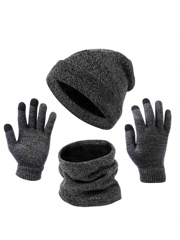 3pcs set Men's Solid Color Winter Thickened Warm Hat Scarf Glove Set, Outdoor