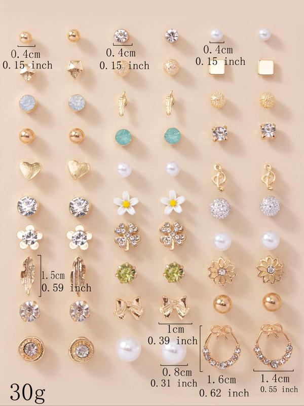 30 Pairs Fashion Elegant Flower & Rhinestone Decorated Stud Earrings, Fashion Jewelry for Party, Daily Clothing Decor, Trendy All-match & Exquisite Jewelry for Birthday Gift