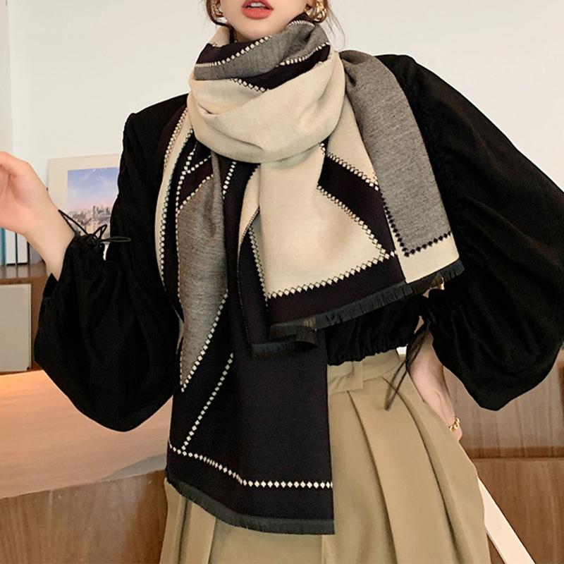 Autumn and Winter Cloak Wool Air Conditioning Large Shawl Thickened Cashmere Warm Student Extended Plaid Double-sided Scarf