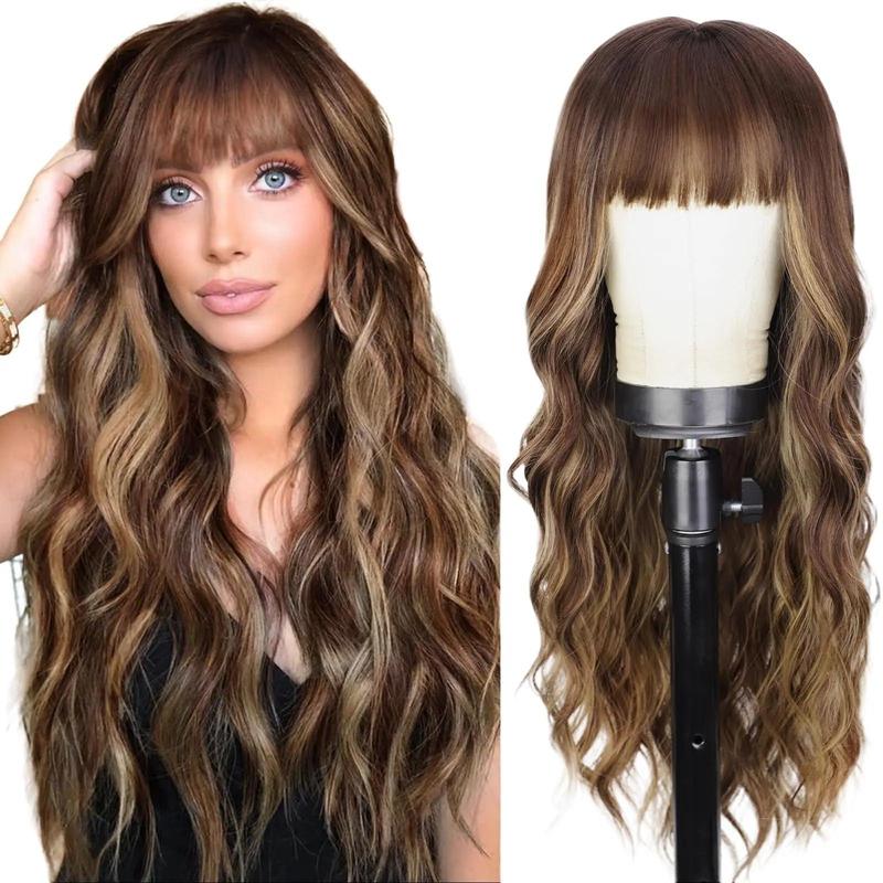 AISI HAIR Brown Wig With Bangs Long Wavy Brown Mixed Blonde Highlight Wig with Dark Roots Ombre Natural Curly Synthetic Resistant Fiber Wigs for Women Daily Party Use