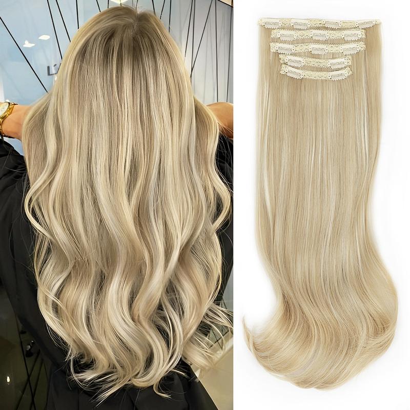 ALXNAN Clip in Hair Extensions, Synthetic Bleach Blonde Hair Extensions Black Long Stright Layered Hair Extensions for Women