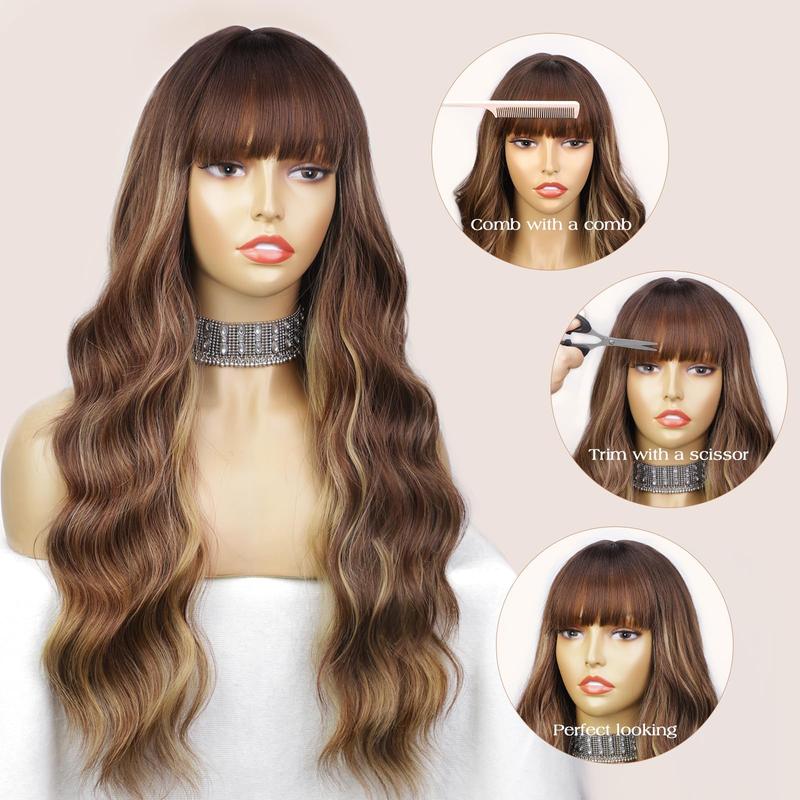 AISI HAIR Brown Wig With Bangs Long Wavy Brown Mixed Blonde Highlight Wig with Dark Roots Ombre Natural Curly Synthetic Resistant Fiber Wigs for Women Daily Party Use