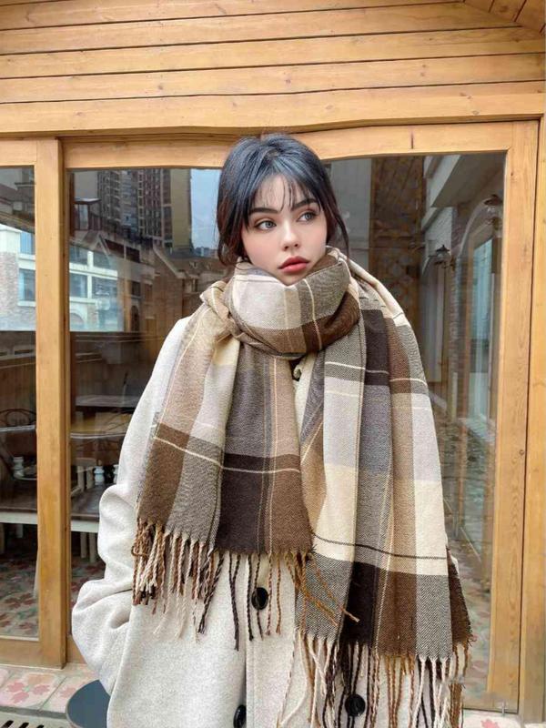 Women's Elegant Plaid Print Fringe Hem Design Scarf, Trendy Colorful Shawl, Warm Soft Fashionable Shawl for Women for Fall & Winter