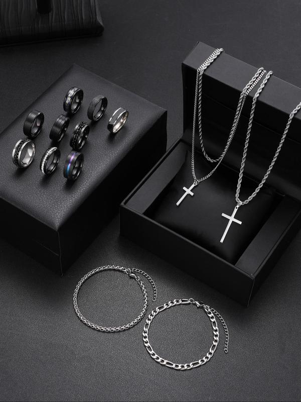 Men's Fashion Cross Pendant Necklace & Bracelet & Ring, Stainless Steel Jewelry Set, Trendy All-match & Exquisite Jewelry for Birthday Gift