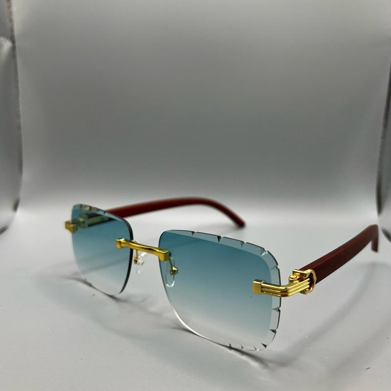 Diamond Cut Rimless Sunglasses Wood Grain Spring Colors UV 400 protection Lens All Season Shades