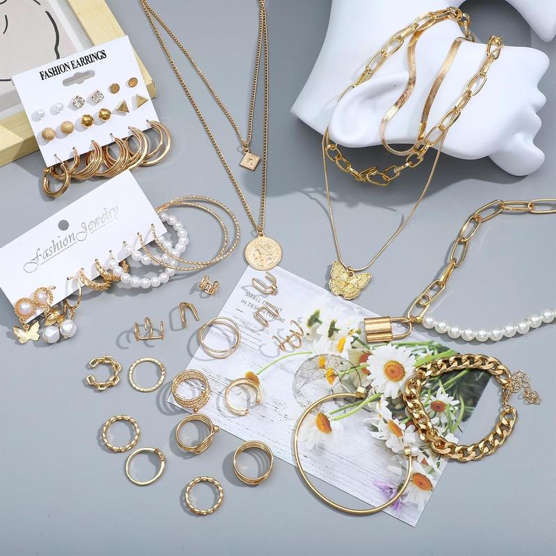 93 Pieces Gold Jewelry Set for Women Fashion Costume Jewelry Gold Plated Necklace Bracelet Ring Gold Earrings Set for Women