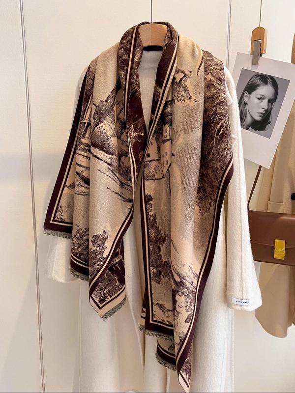 Landscape Print Double Sided Shawl, Casual Soft Warm Scarf for Fall & Winter, Fashion Accessories for Women & Men