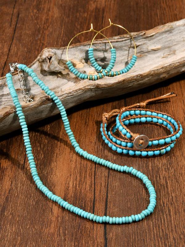 Boho Style Beaded Jewelry Set, Vintage Turquoise Decor Beaded Necklace & Bracelet & Dangle Earrings, Fashion Accessories for Women & Men