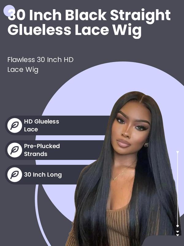 30 Inch Black Long Straight HD Glueless Lace Front Wigs for Women, Gorgeous Fluffy Pre Plucked Wigs without Bangs, Synthetic Wigs with Bady Hair Bangs for Party, Daily Everyday Use & Back To School