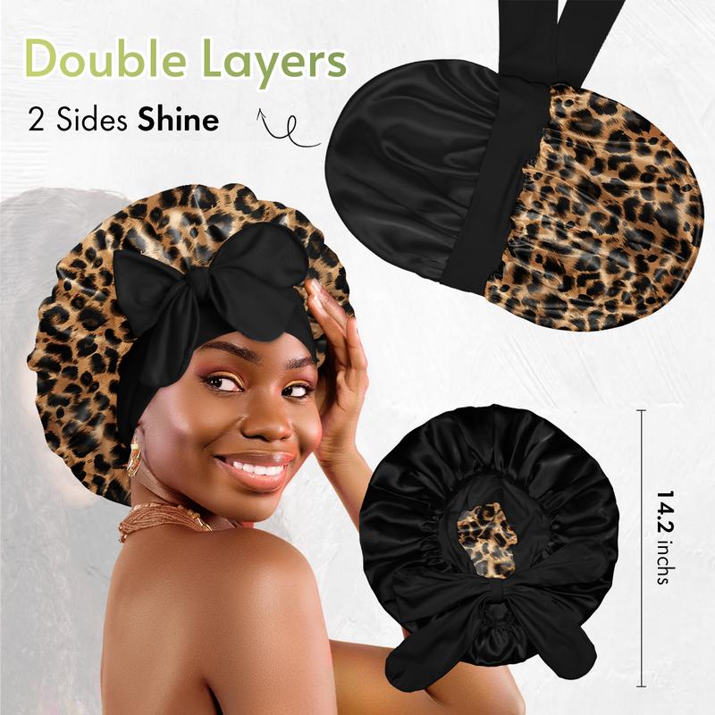 BONNET QUEEN Bonnet for Sleeping Women Sleeping Cap Reversible Double Layer Satin Bonnet Tie  Sleep Satin Hair Wrap Night Cap for Curly Hair Leopard