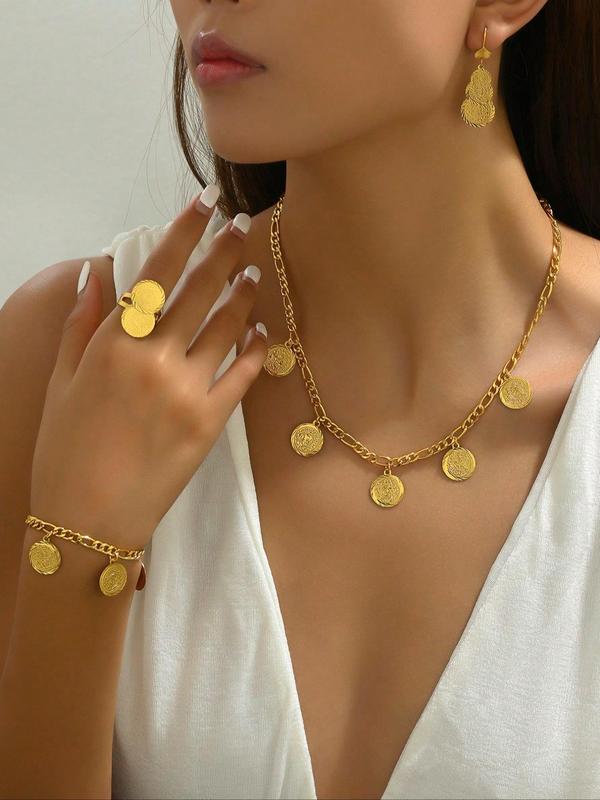 Women's Vintage Coin Design Necklace & Ring & Earrings & Bracelet, Fashion Jewelry for Party, Daily Clothing Decor, Trendy All-match & Exquisite Jewelry for Gift