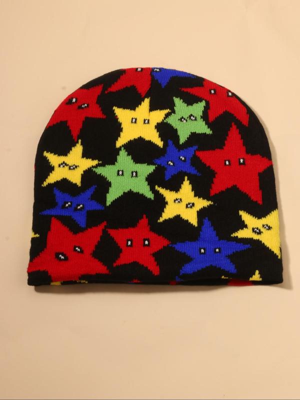 Colorblock Star Pattern Beanie Hat, Casual Y2K Style Knit Hat for Fall & Winter, Fashion Accessories for Both Men & Women