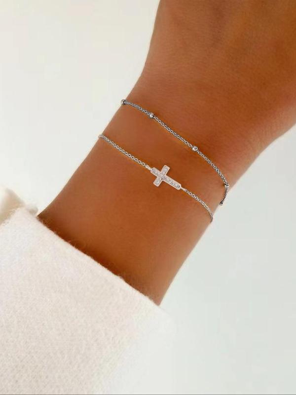 Elegant Cross & Bead Charm Design Bracelets, Exquisite Trendy Adjustable Strap Bracelets for Women, Chic Gorgeous Jewelry As Gift for Girlfriend