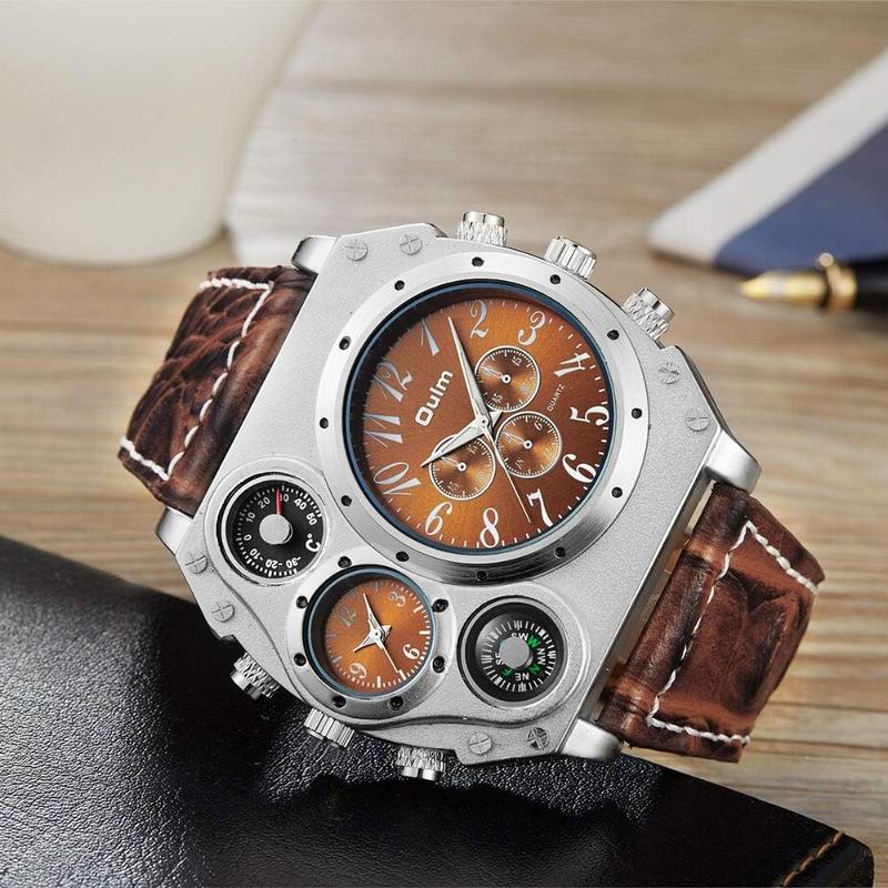 Mens Big Face Watch, Dual Time Zone Leather Strap Sport Watch, Analog Quartz Wrist Watch with Decorative Compass Thermometer Dial brown