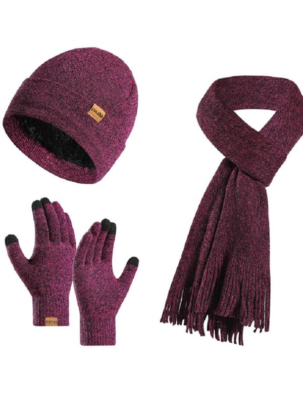 Solid Color Beanie Hat & Scarf & Gloves Set, Women's Elegant Tassel Decor Scarf & Warm Hat & Gloves Set, Fashion Accessories for Fall & Winter