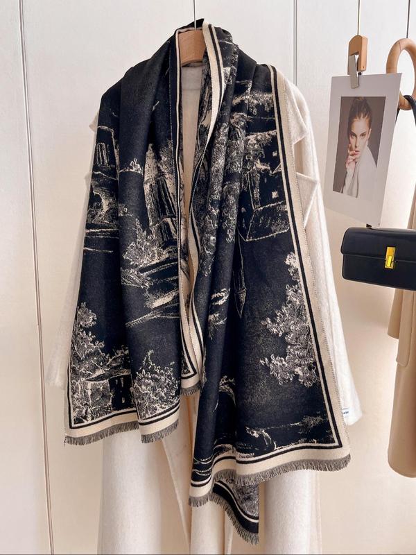 Landscape Print Double Sided Shawl, Casual Soft Warm Scarf for Fall & Winter, Fashion Accessories for Women & Men