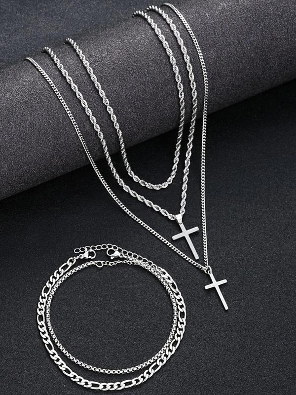 Men's Fashion Cross Pendant Necklace & Bracelet & Ring, Stainless Steel Jewelry Set, Trendy All-match & Exquisite Jewelry for Birthday Gift