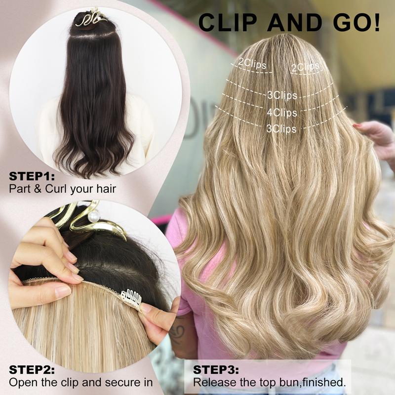 ALXNAN Clip in Hair Extensions, Synthetic Bleach Blonde Hair Extensions Black Long Stright Layered Hair Extensions for Women