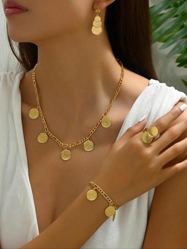 Women's Vintage Coin Design Necklace & Ring & Earrings & Bracelet, Fashion Jewelry for Party, Daily Clothing Decor, Trendy All-match & Exquisite Jewelry for Gift