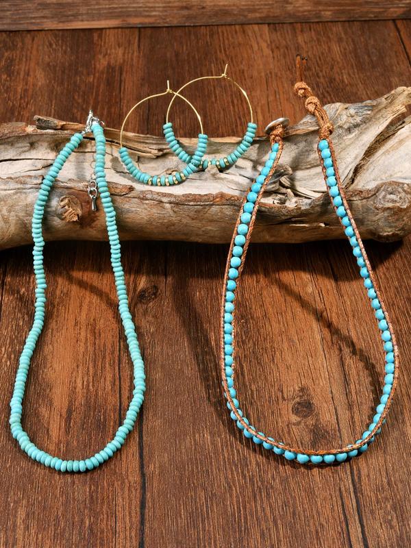 Boho Style Beaded Jewelry Set, Vintage Turquoise Decor Beaded Necklace & Bracelet & Dangle Earrings, Fashion Accessories for Women & Men