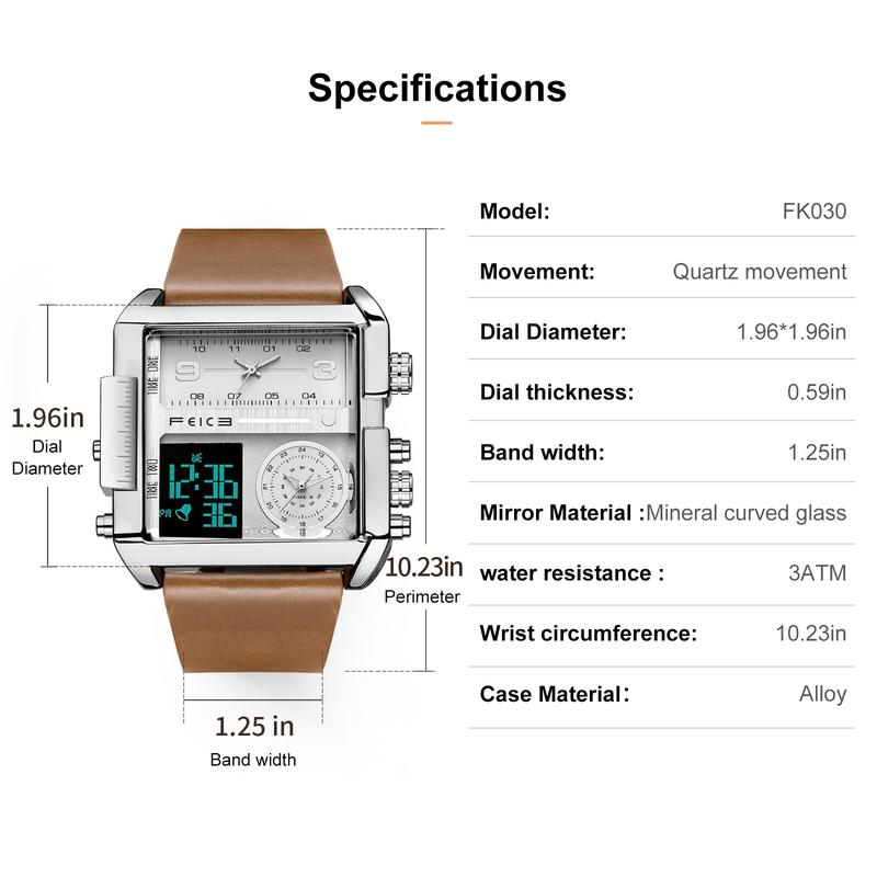 FEIKE Large dial square men's watches fashion multi-function versatile temperament luminous waterproof chronograph watches white silver luxury watches