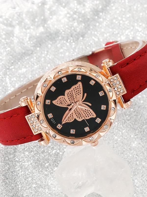 Women's Butterfly Watch & Jewelry Set, Including Rhinestone Decor Analog Quartz Watch & Flower Decor Bracelet & Necklace & Ring & Earrings, Fashion Watch Set for Women, without Box