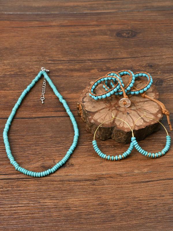 Boho Style Beaded Jewelry Set, Vintage Turquoise Decor Beaded Necklace & Bracelet & Dangle Earrings, Fashion Accessories for Women & Men