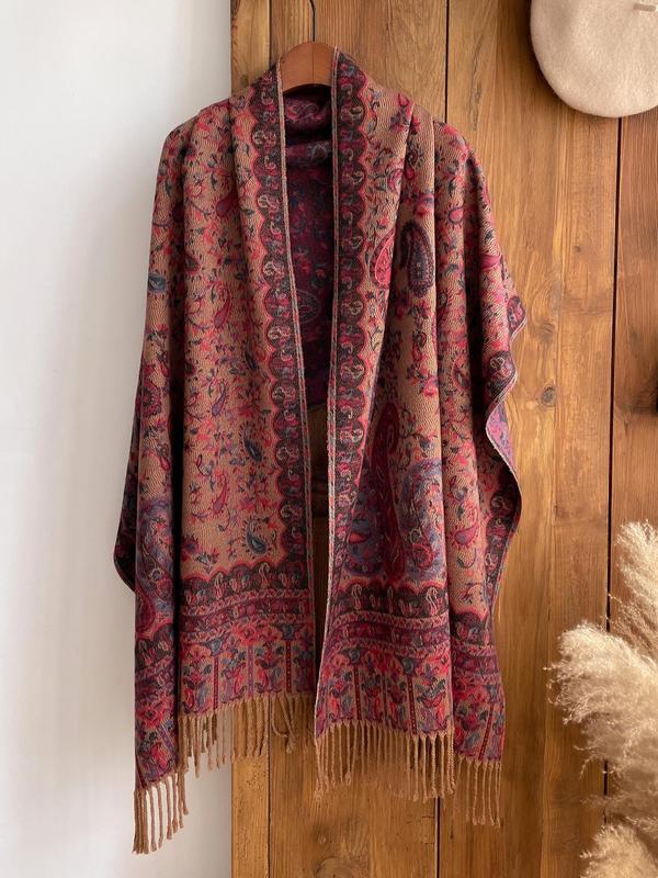 Boho Style Ethnic Pattern Fringe Trim Shawl, Casual Versatile Scarf for Fall & Winter, Fashion Accessories for Women & Men