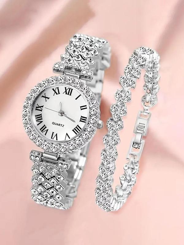 Women's Elegant Rhinestone Decorated Watch & Bracelet, Exquisite Trendy Wristwatch & Bracelet, Fashionable Watch Set As Gift for Women with Box