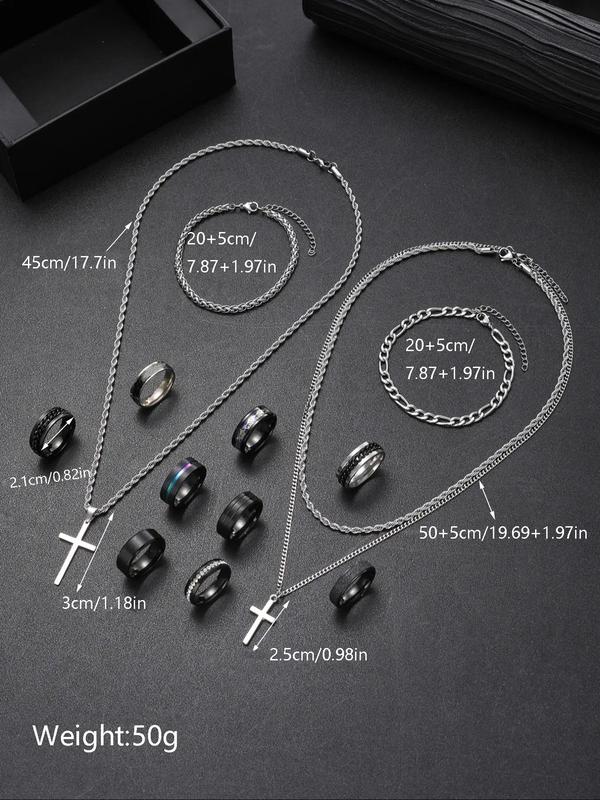 Men's Fashion Cross Pendant Necklace & Bracelet & Ring, Stainless Steel Jewelry Set, Trendy All-match & Exquisite Jewelry for Birthday Gift