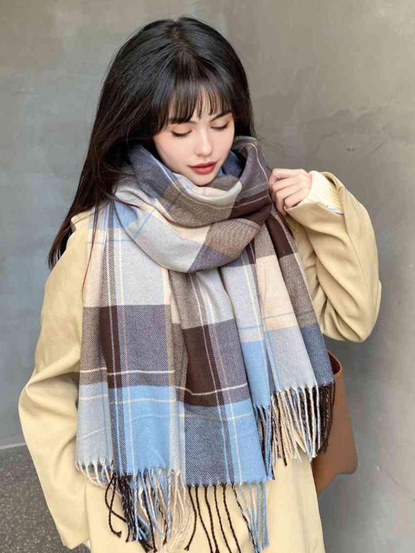 Women's Elegant Plaid Print Fringe Hem Design Scarf, Trendy Colorful Shawl, Warm Soft Fashionable Shawl for Women for Fall & Winter