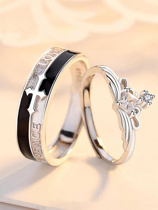 Fashion Cross & Letter Design Couple Ring (1 Pair), Elegant Rhinestone Decorated Couple Ring, Couple Jewelry for Daily Decoration