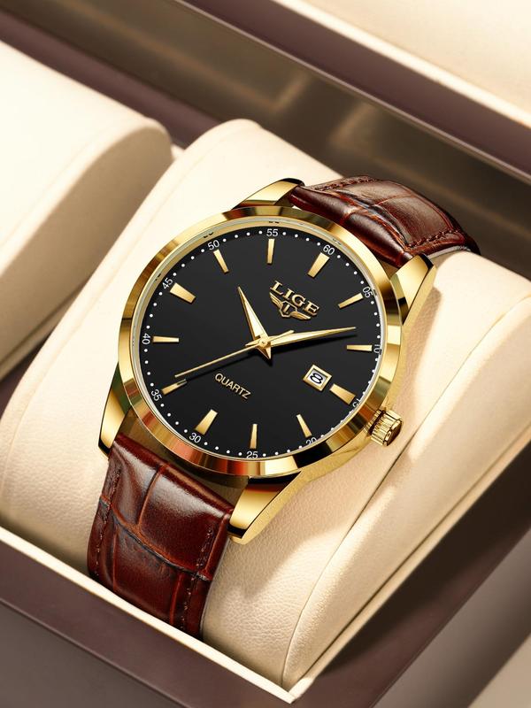 Men's Business Round Dial Analog Quartz Watch, Fashion Luminous Pointer Watch for Party, Daily Decor, Trendy All-match & Exquisite Watch for Birthday Gift with Box