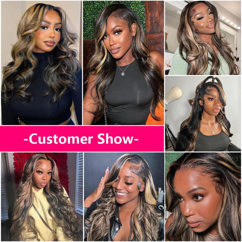 QUANDIAN 13x6 Balayage Highlight Lace Front Wig Human Hair 13x6 HD Lace Front Wigs Human Hair Body Wave Wig 200% Density FB 27 Colored Ombre Wig