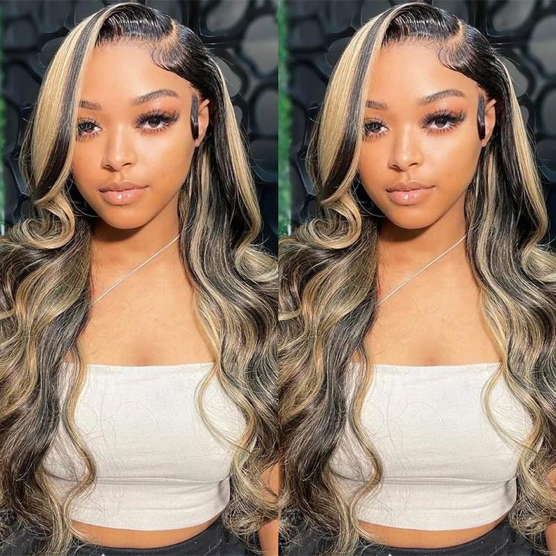 QUANDIAN 13x6 Balayage Highlight Lace Front Wig Human Hair 13x6 HD Lace Front Wigs Human Hair Body Wave Wig 200% Density FB 27 Colored Ombre Wig