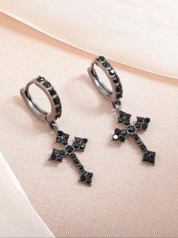 Women's Punk Style Rhinestones Decorated Cross Design Dangle Earrings, Casual Trendy Dangle Earrings, Fashionable Jewelry for Party & Daily Decoration