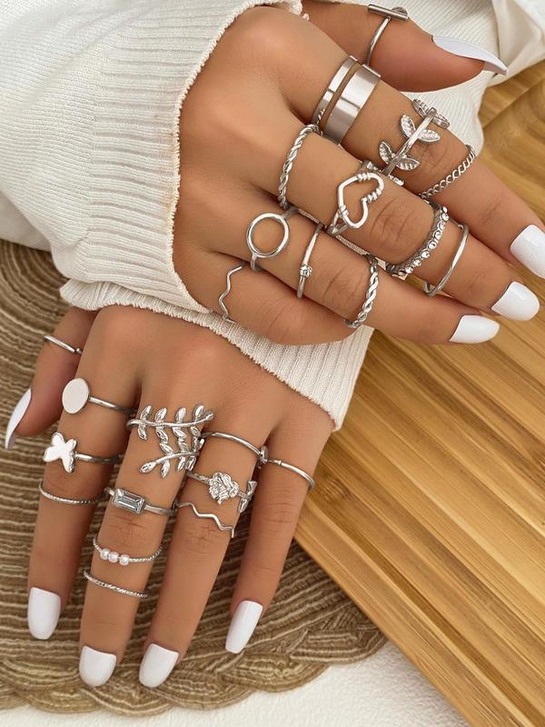 Women's 24pcs Fashion Flower Heart Decor Alloy Ring Set, Casual Versatile Jewelry For Party, Daily Clothing Decor For Girl