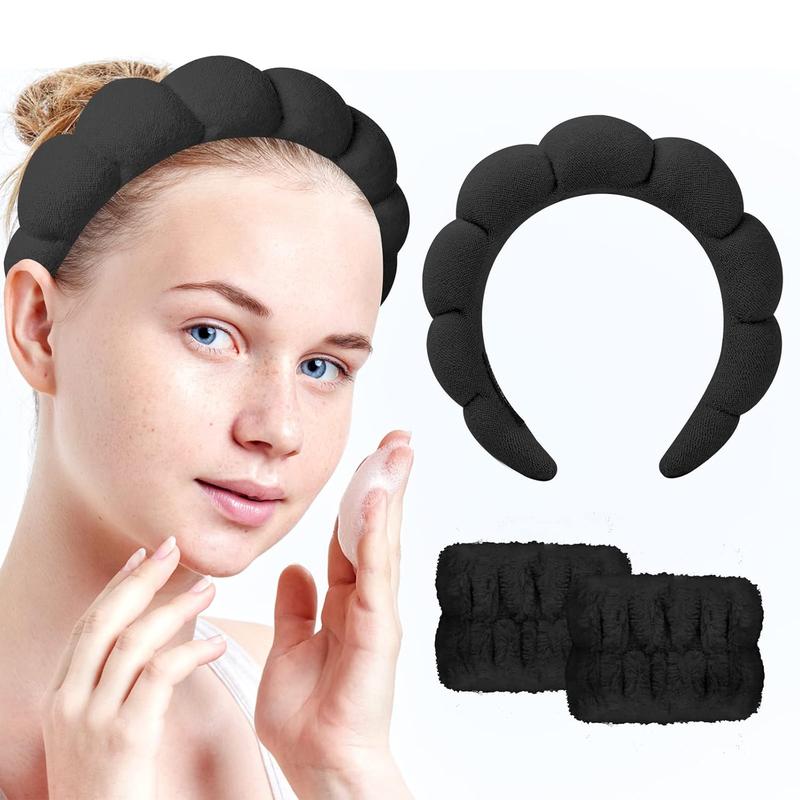 Sponge Spa Headband for Women, Spa Terry Towel Cloth Fabric Head Band with 2 count Wrist Washband, Soft & Absorbent Material Hair Accessories for Face Washing Shower Skincare Makeup Removal(Black)